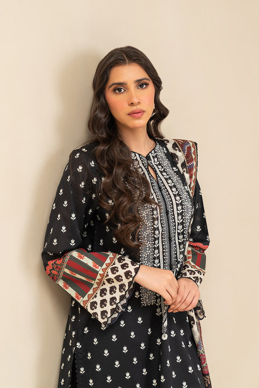 3 PIECE PRINTED LAWN SUIT-SOMBER BLACK (UNSTITCHED)