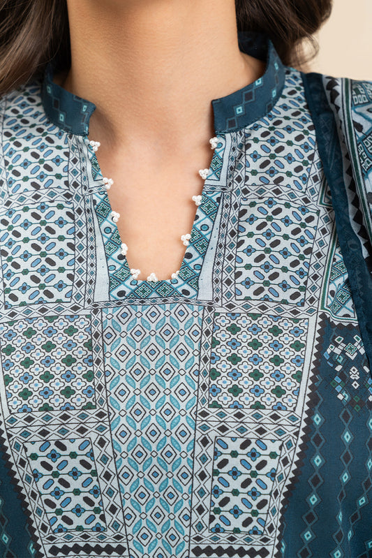 3 PIECE PRINTED LAWN SUIT-BLUE WARREN (UNSTITCHED)