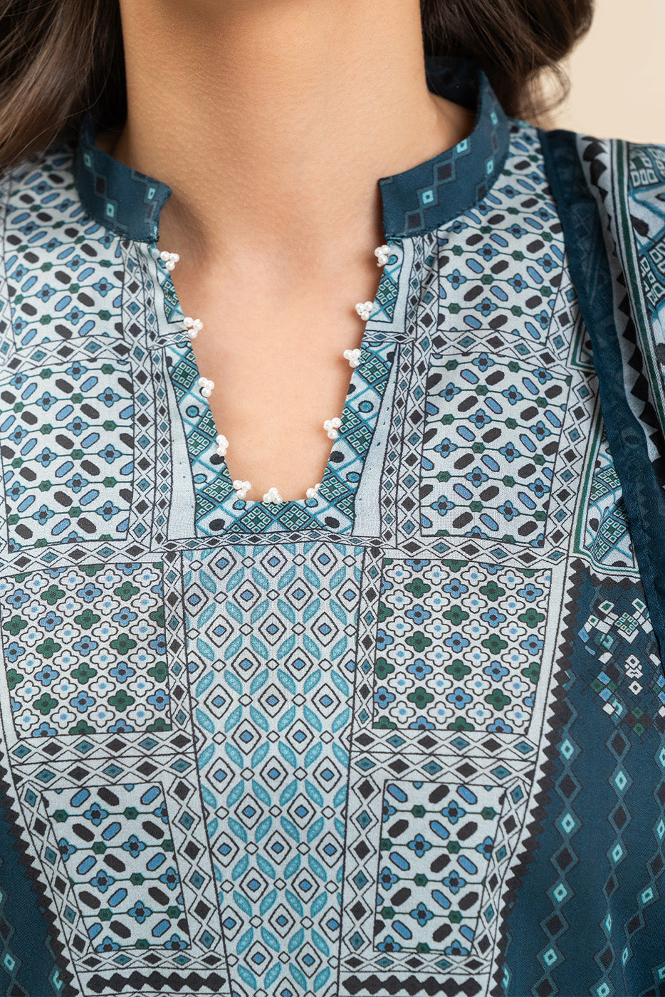 3 PIECE PRINTED LAWN SUIT-BLUE WARREN (UNSTITCHED)
