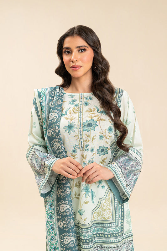 3 PIECE PRINTED LAWN SUIT-IVORY MEADOW (UNSTITCHED)