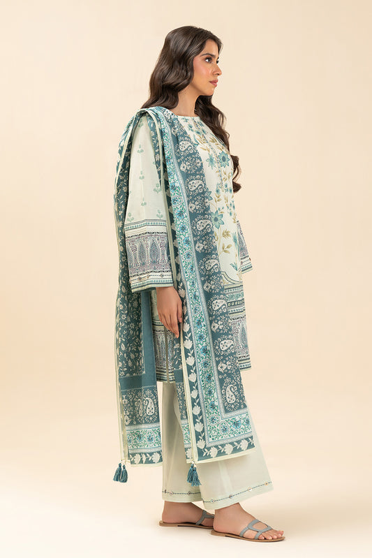 3 PIECE PRINTED LAWN SUIT-IVORY MEADOW (UNSTITCHED)