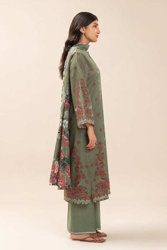 3 PIECE PRINT LAWN SUIT-OLIVE ESSENCE (UNSTITCHED)