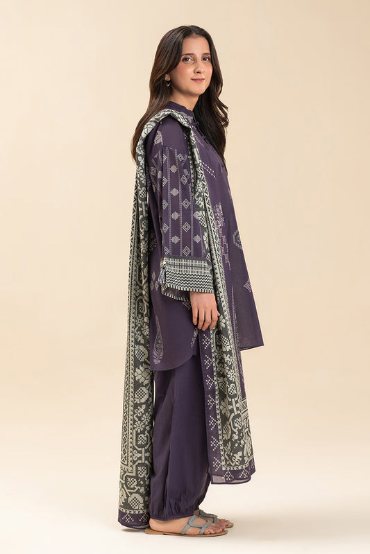 3 PIECE PRINTED LAWN SUIT-VIOLET QUARTZ (UNSTITCHED)