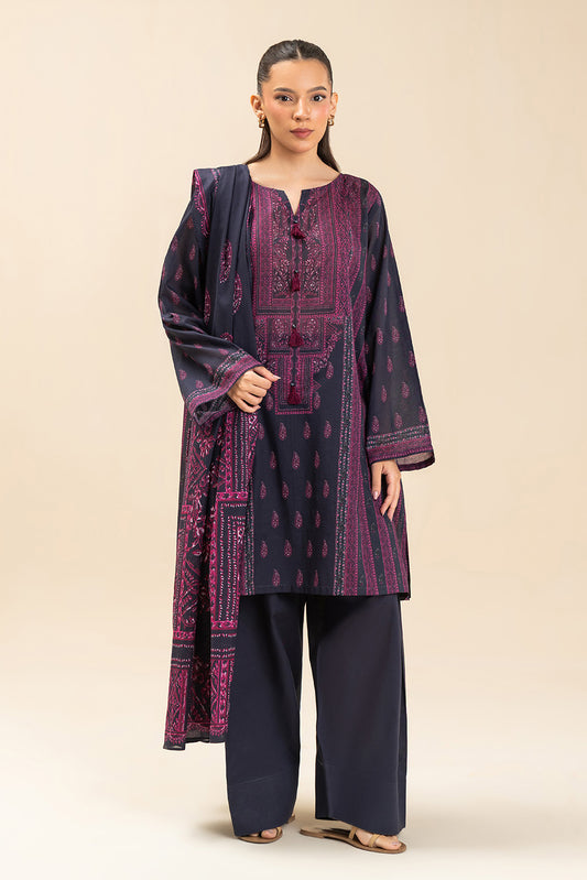 3 PIECE PRINTED LAWN SUIT-RETRO BLUE (UNSTITCHED)