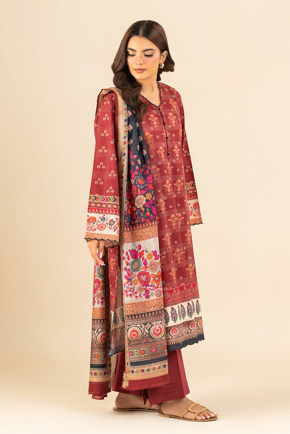 3 PIECE PRINTED LAWN SUIT-SCARLET EMBER (UNSTITCHED)