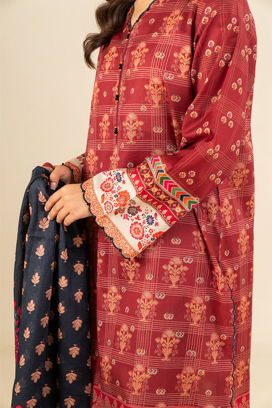 3 PIECE PRINTED LAWN SUIT-SCARLET EMBER (UNSTITCHED)