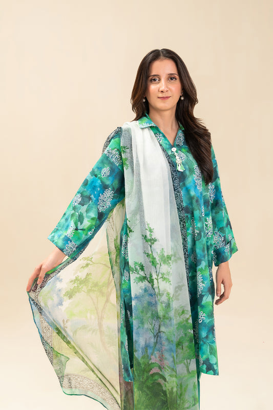 3 PIECE PRINTED LAWN SUIT-SERENE GARDEN (UNSTITCHED)