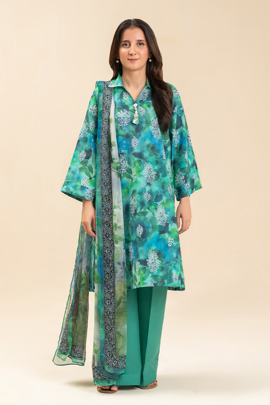 3 PIECE PRINTED LAWN SUIT-SERENE GARDEN (UNSTITCHED)