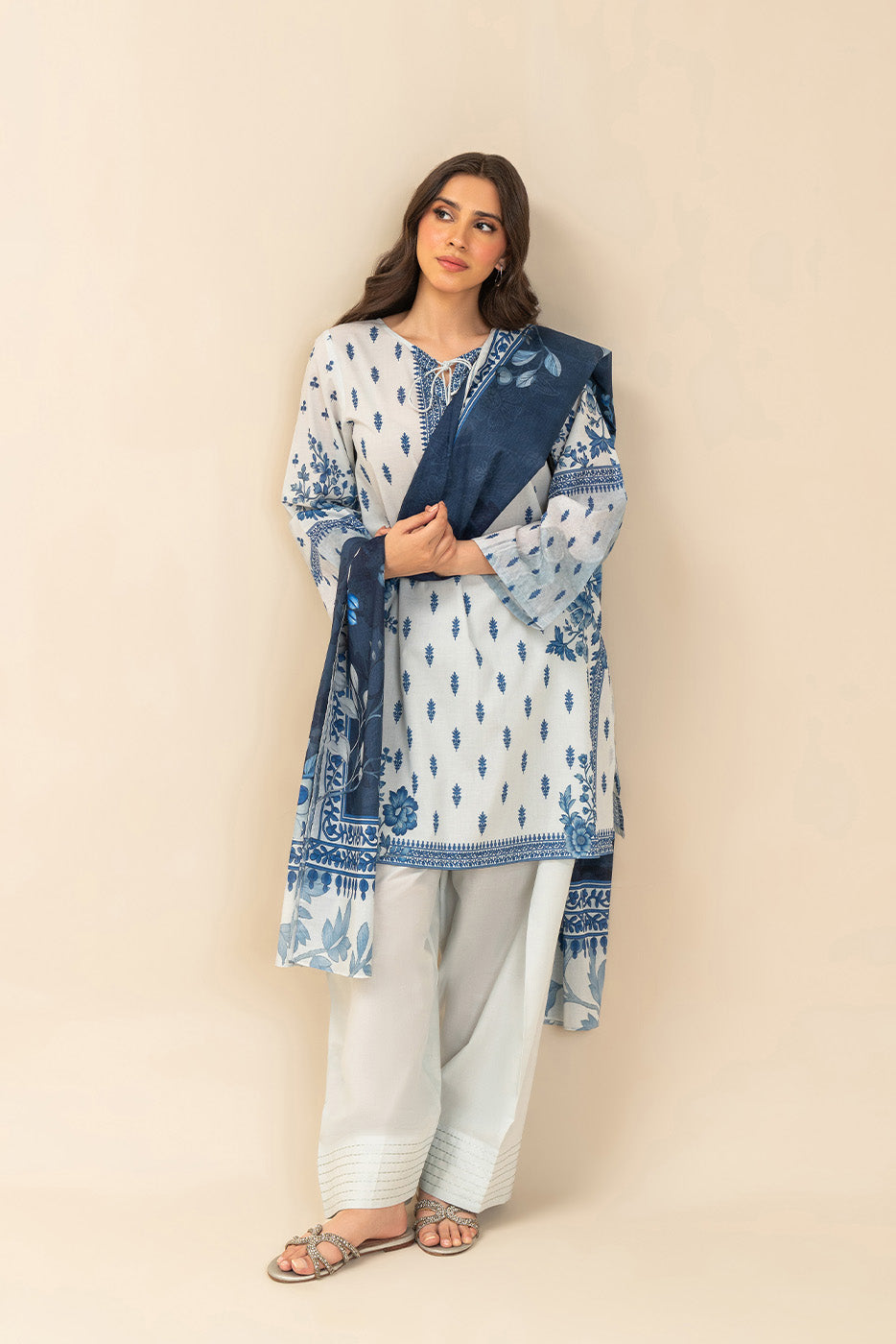 3 PIECE PRINTED LAWN SUIT-BLUE HAVEN (UNSTITCHED)