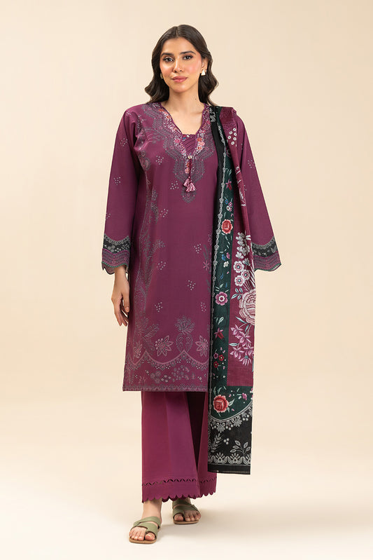 3 PIECE PRINTED LAWN SUIT-CRIMSON VIOLET (UNSTITCHED)