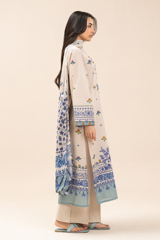 3 PIECE PRINTED LAWN SUIT-CROSS BLUE (UNSTITCHED)