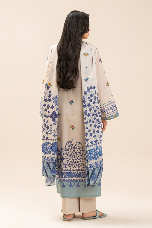3 PIECE PRINTED LAWN SUIT-CROSS BLUE (UNSTITCHED)