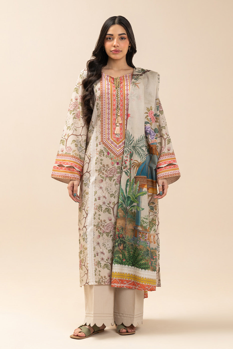 3 PIECE PRINTED LAWN SUIT-DUNE MIST (UNSTITCHED)