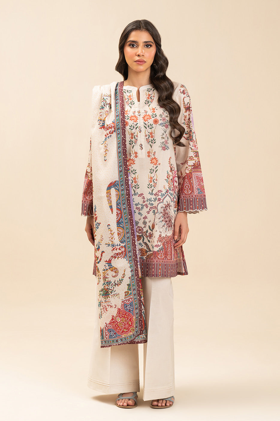 3 PIECE PRINTED LAWN SUIT-ECRU PAISLY (UNSTITCHED)