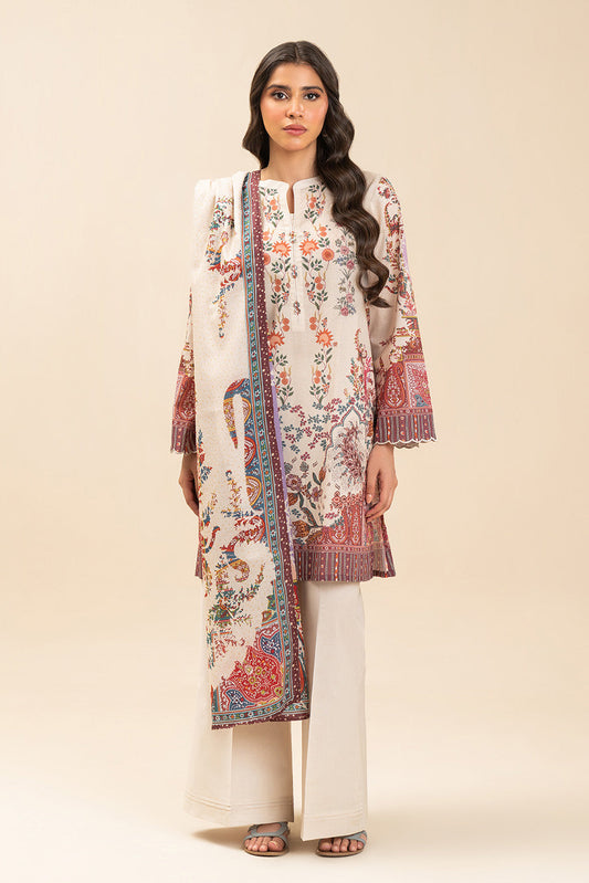 3 PIECE PRINTED LAWN SUIT-ECRU PAISLY (UNSTITCHED)