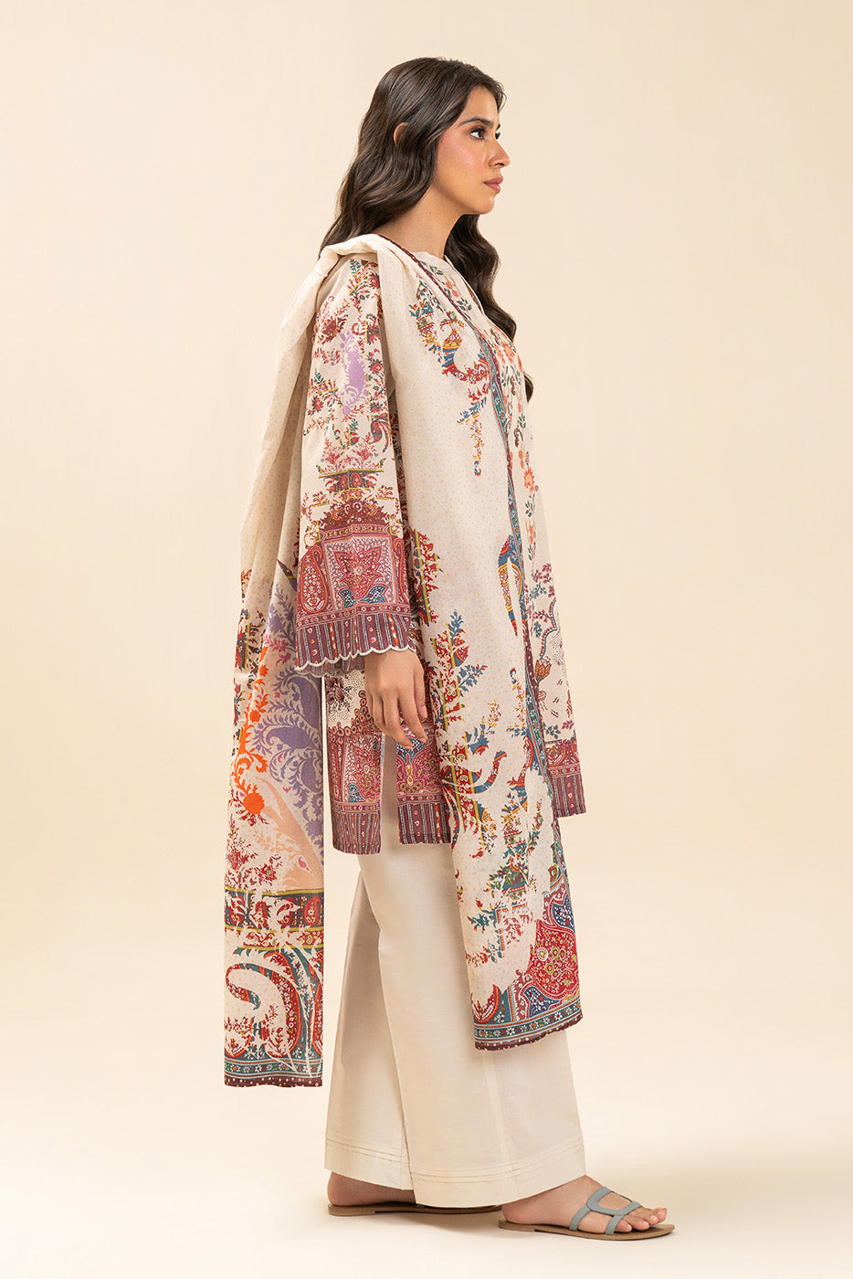3 PIECE PRINTED LAWN SUIT-ECRU PAISLY (UNSTITCHED)