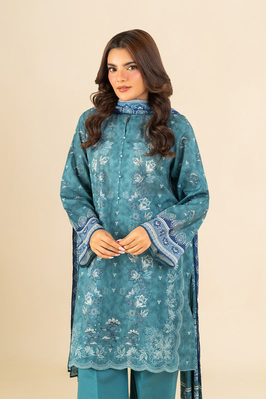 3 PIECE PRINTED LAWN SUIT-TURQUESA TEAL (UNSTITCHED)