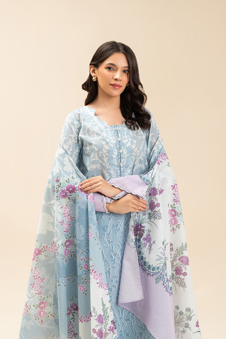 3 PIECE PRINTED LAWN SUIT-AZURE FLEUR (UNSTITCHED)
