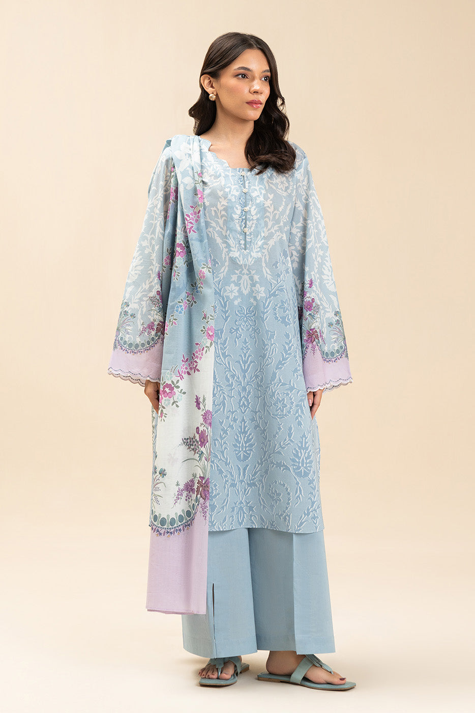 3 PIECE PRINTED LAWN SUIT-AZURE FLEUR (UNSTITCHED)