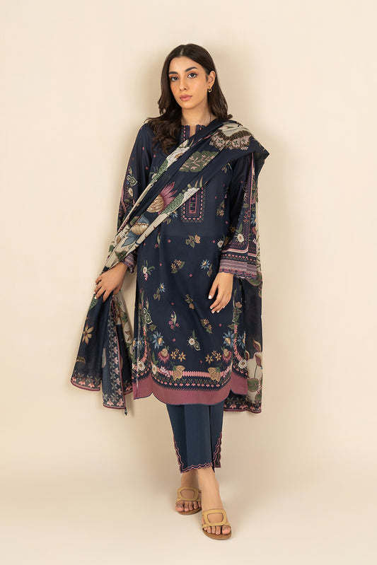 3 PIECE PRINTED LAWN SUIT-INDIGO PETAL ( UNSTITCHED )