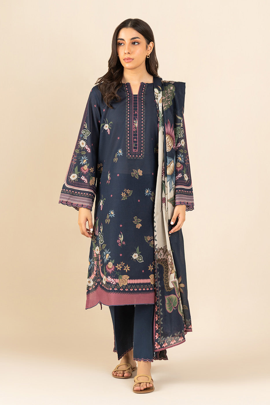 3 PIECE PRINTED LAWN SUIT-INDIGO PETAL ( UNSTITCHED )