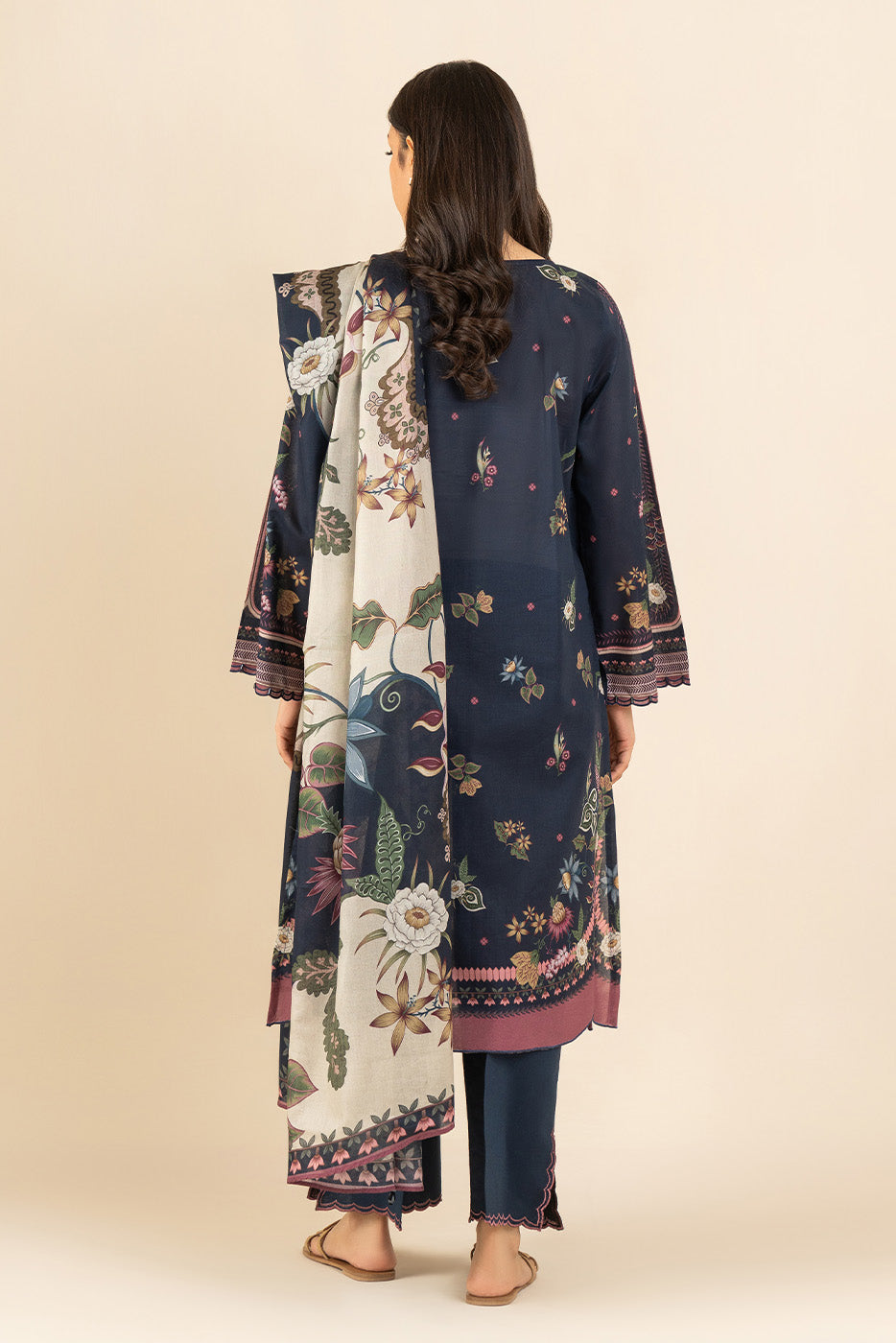 3 PIECE PRINTED LAWN SUIT-INDIGO PETAL ( UNSTITCHED )