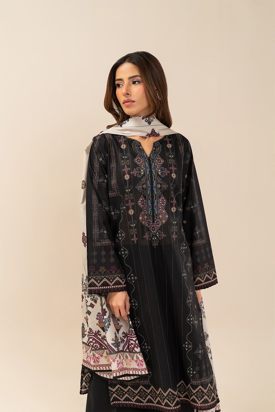 3 PIECE PRINTED LAWN SUIT-NOIR FOLK (UNSTITCHED)