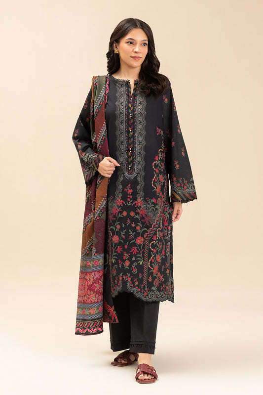 3 PIECE PRINTED LAWN SUIT-BLACK BURGEON (UNSTITCHED)