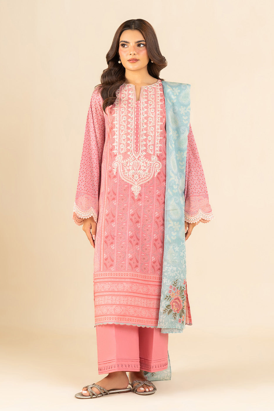3 PIECE EMBROIDERED LAWN SUIT-VINTAGE TAUPE (UNSTITCHED)