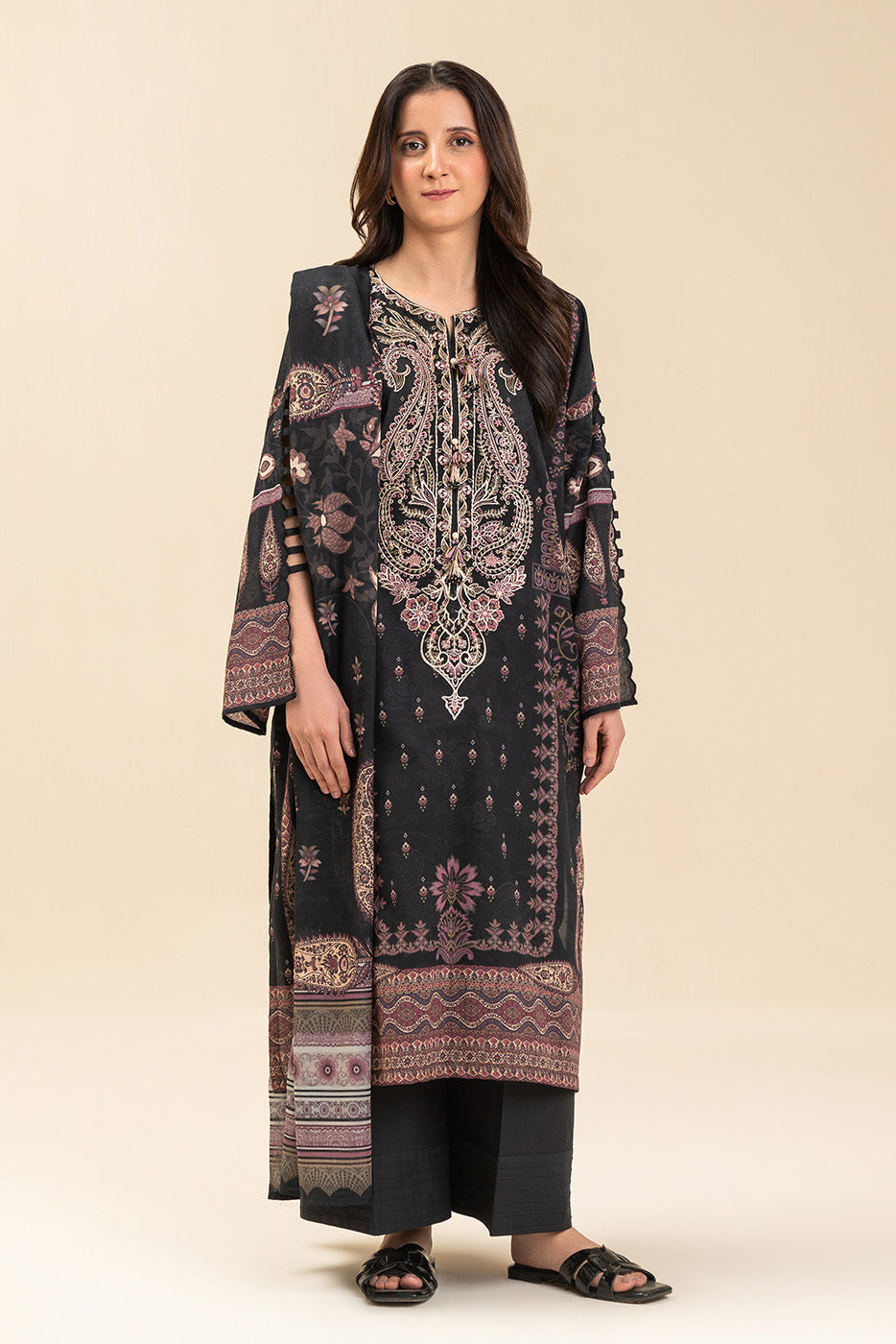 3 PIECE EMBROIDERED LENO KARRA  SUIT-PAISLEY MAJESTY (UNSTITCHED)