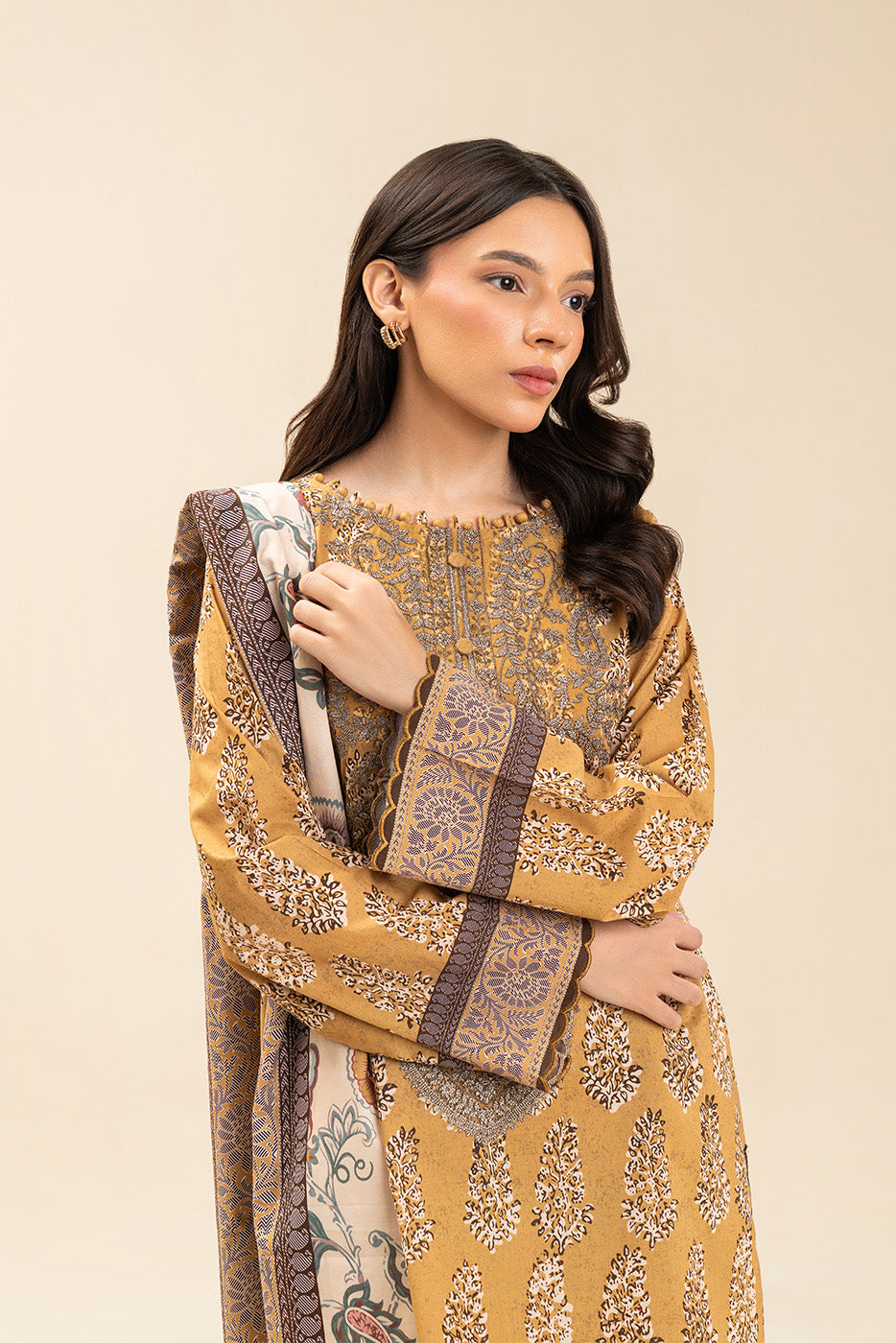 3 PIECE EMBROIDERED LAWN SUIT-AZTEC GOLD (UNSTITCHED)