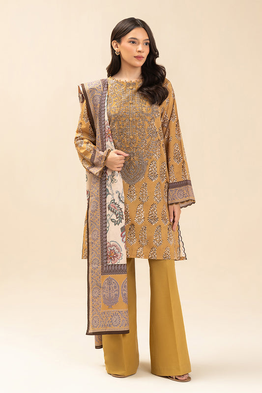 3 PIECE EMBROIDERED LAWN SUIT-AZTEC GOLD (UNSTITCHED)