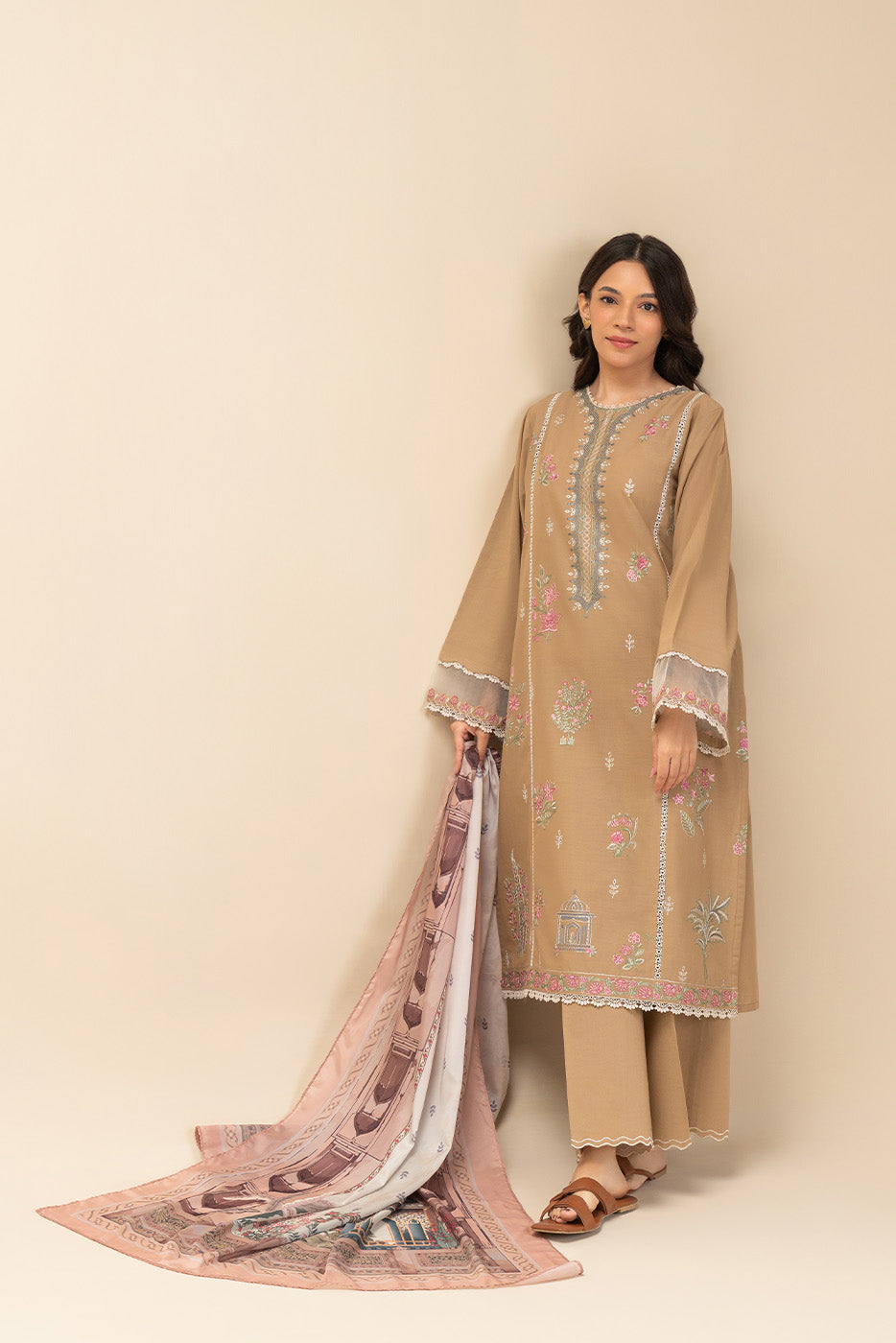 3 PIECE EMBROIDERED LAWN SUIT-DUSTY BEIGE (UNSTITCHED)