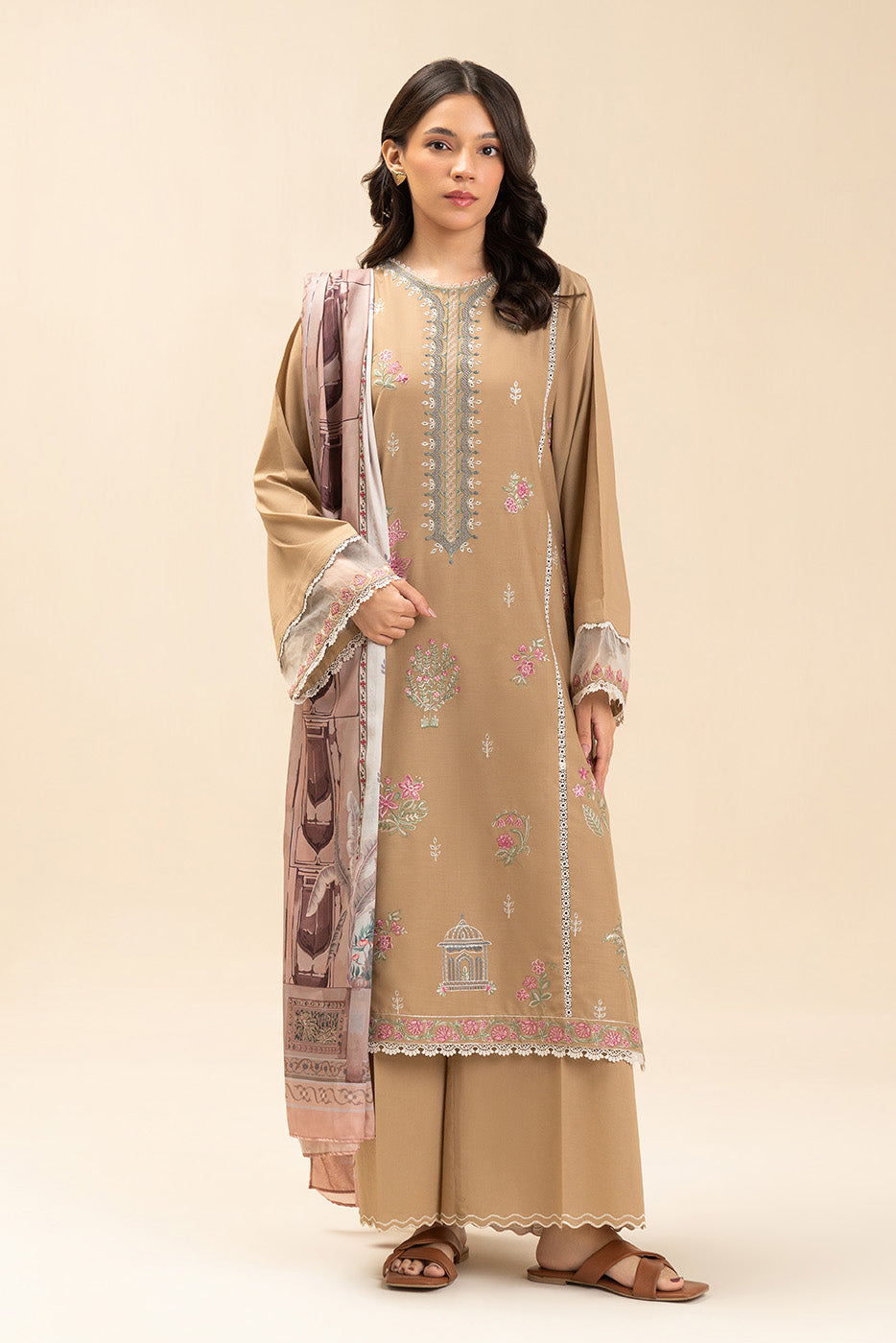 3 PIECE EMBROIDERED LAWN SUIT-DUSTY BEIGE (UNSTITCHED)