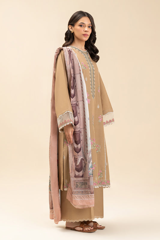 3 PIECE EMBROIDERED LAWN SUIT-DUSTY BEIGE (UNSTITCHED)