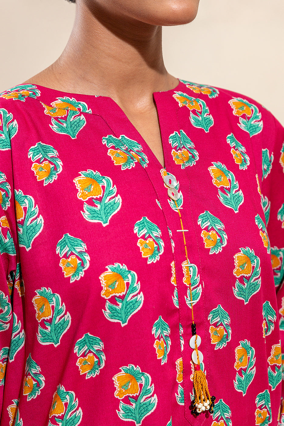 2 PIECE PRINTED LAWN SUIT-CARMINE ECHO (UNSTITCHED)