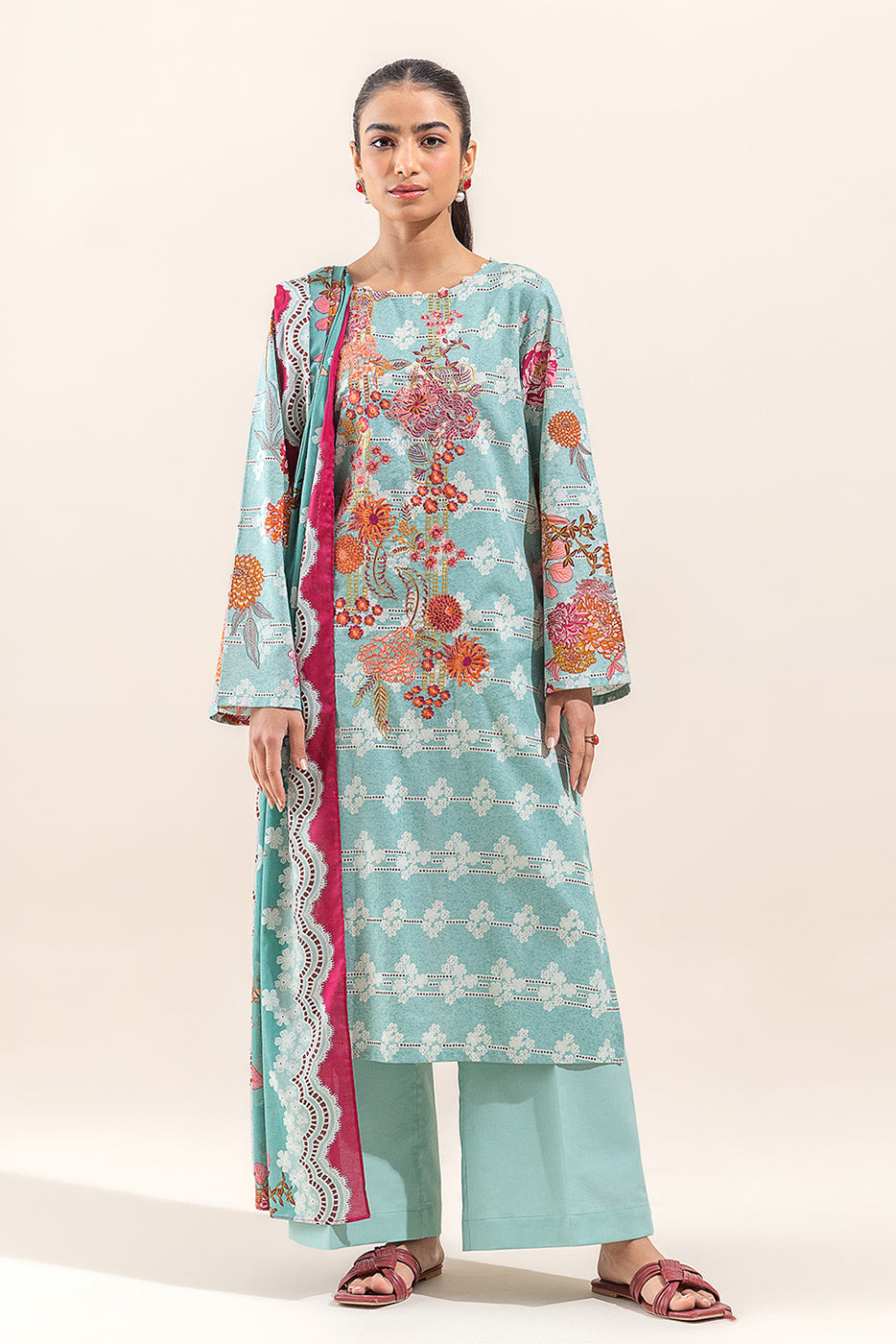 2 PIECE EMBROIDERED LAWN SUIT-DUSTY AQUA (UNSTITCHED)