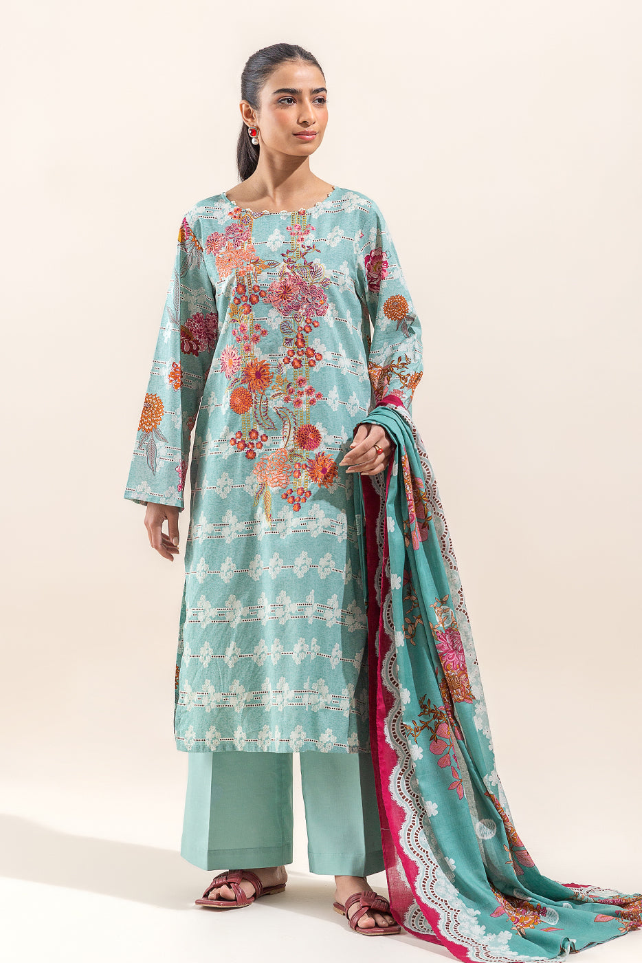 2 PIECE EMBROIDERED LAWN SUIT-DUSTY AQUA (UNSTITCHED)