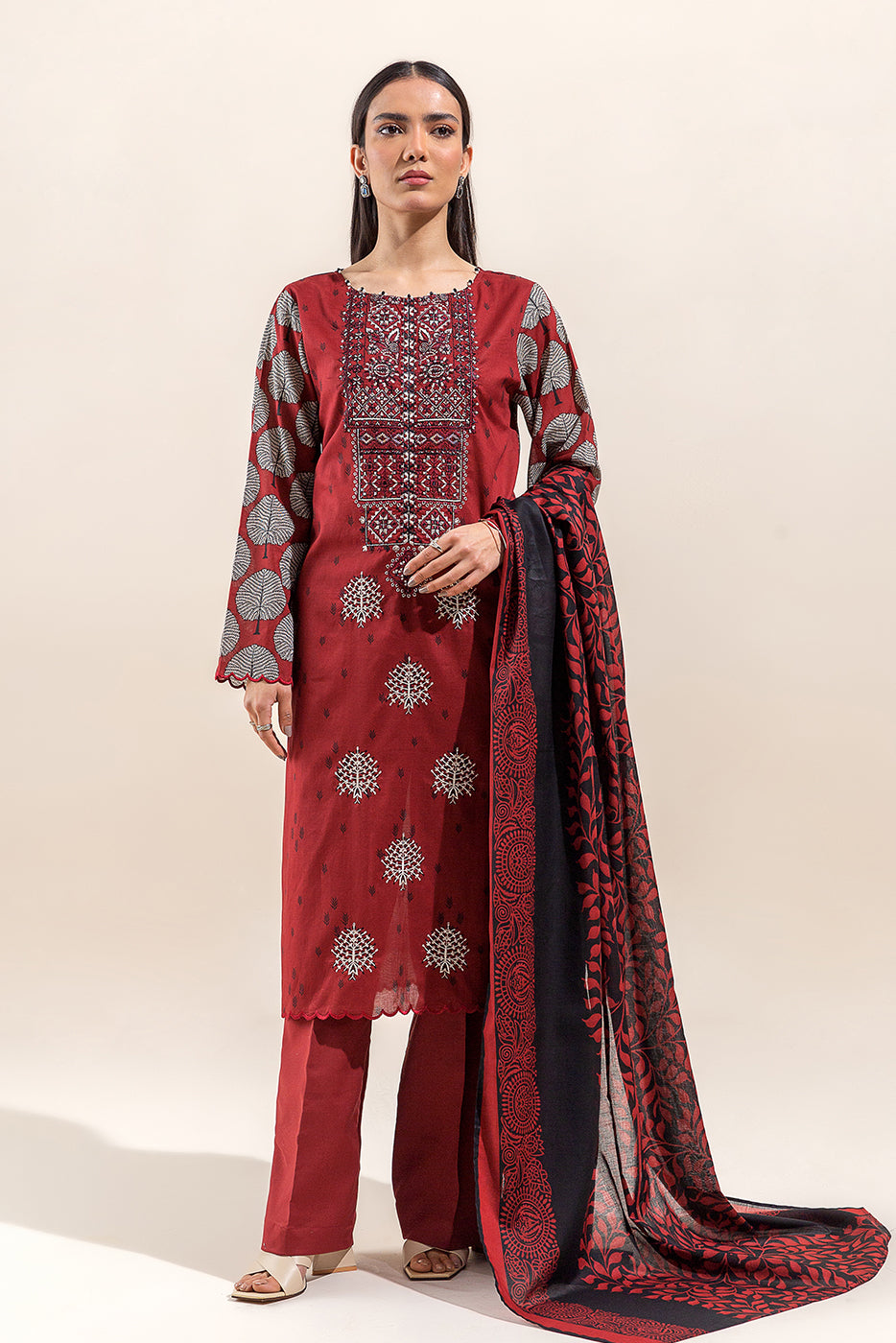 2 PIECE EMBROIDERED LAWN SUIT-CHERRY DUST (UNSTITCHED)