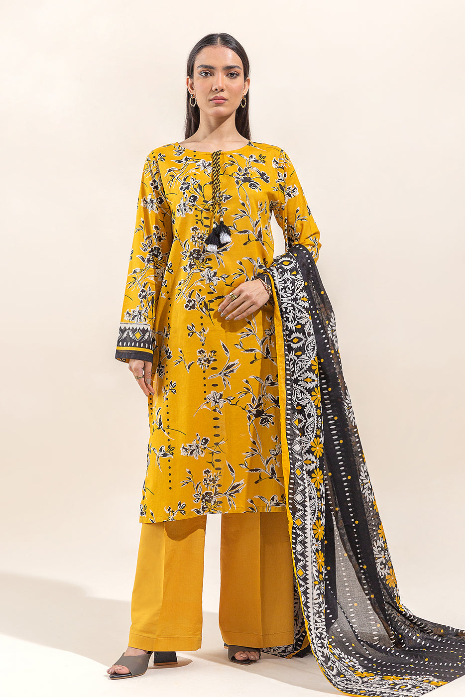 2 PIECE PRINTED LAWN SUIT-YELLOW MIST (UNSTITCHED)