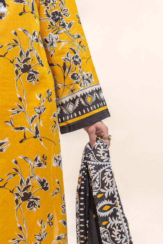 2 PIECE PRINTED LAWN SUIT-YELLOW MIST (UNSTITCHED)