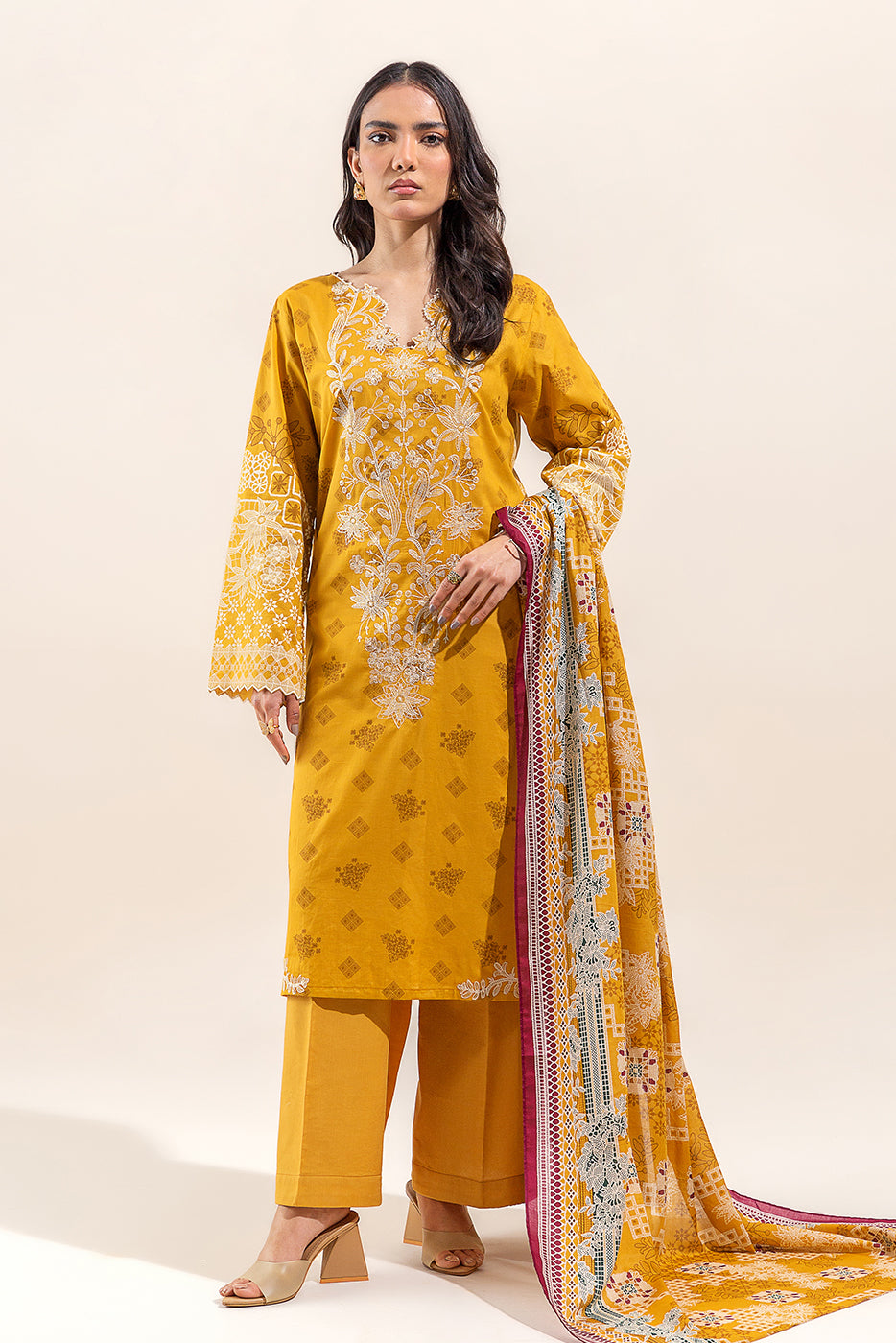 3 PIECE EMBROIDERED LAWN SUIT-GLEAMING GOLD (UNSTITCHED)