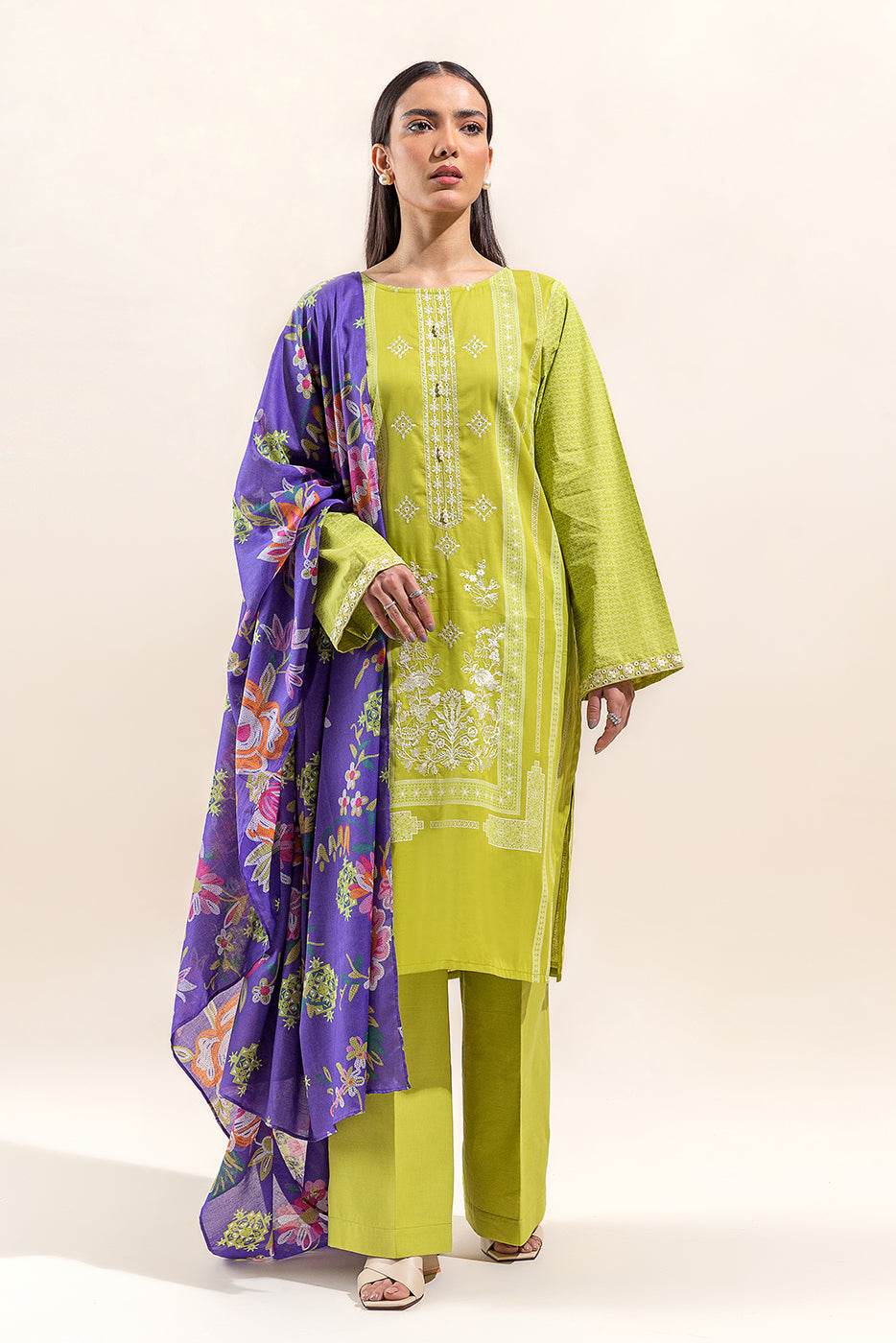 3 PIECE EMBROIDERED LAWN SUIT-WILD LIME (UNSTITCHED)