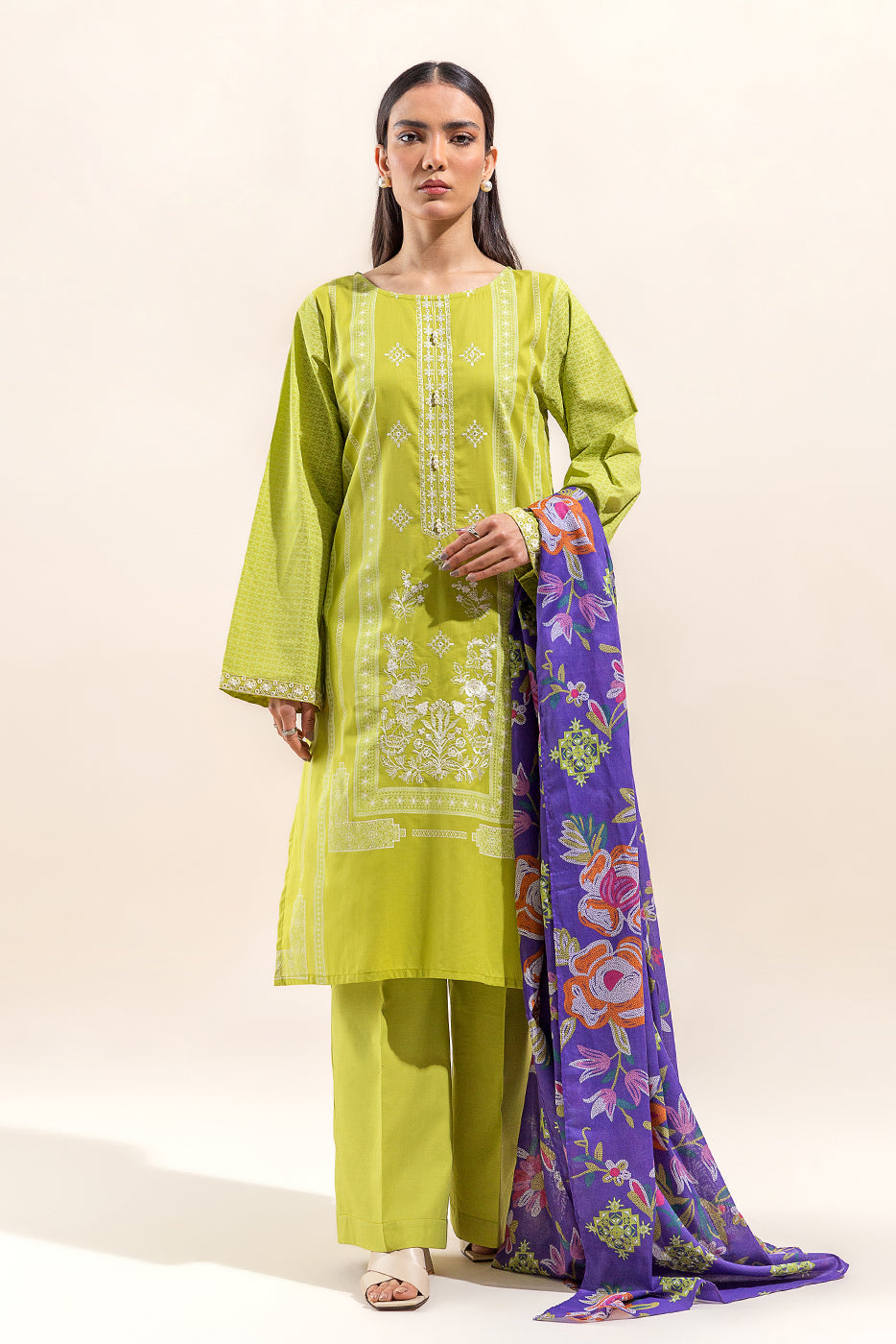 3 PIECE EMBROIDERED LAWN SUIT-WILD LIME (UNSTITCHED)