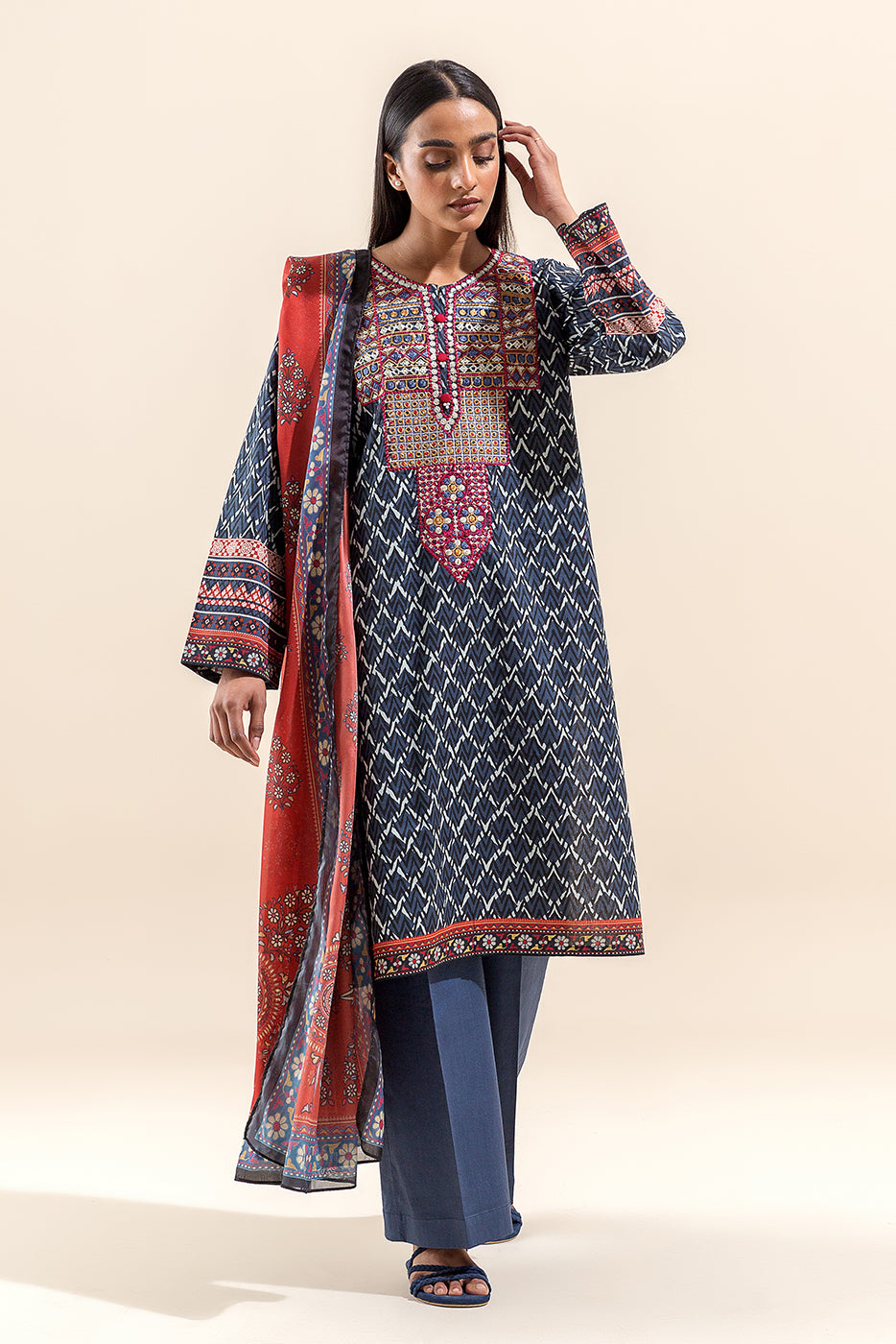 3 PIECE EMBROIDERED LAWN SUIT-SAPPHIRE FOLK (UNSTITCHED)