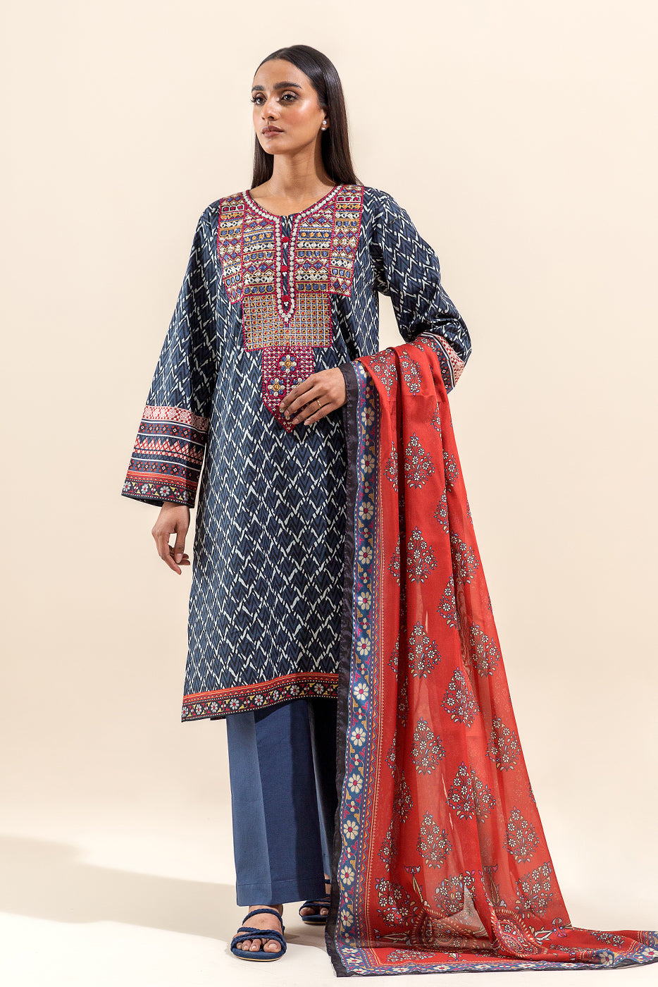 3 PIECE EMBROIDERED LAWN SUIT-SAPPHIRE FOLK (UNSTITCHED)