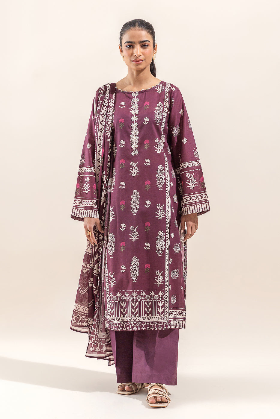 3 PIECE PRINTED LAWN SUIT-RED DAHLIA (UNSTITCHED)