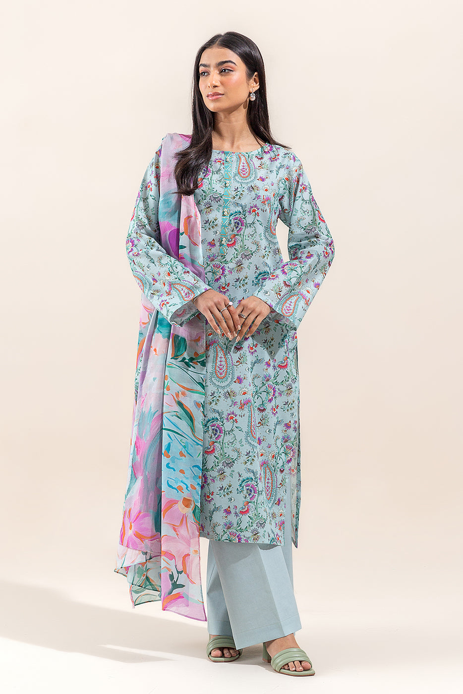 3 PIECE PRINTED LAWN SUIT-GREY MIST (UNSTITCHED)