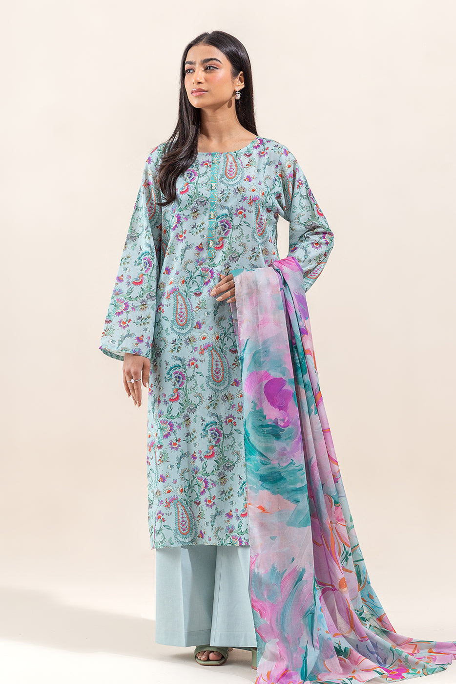 3 PIECE PRINTED LAWN SUIT-GREY MIST (UNSTITCHED)