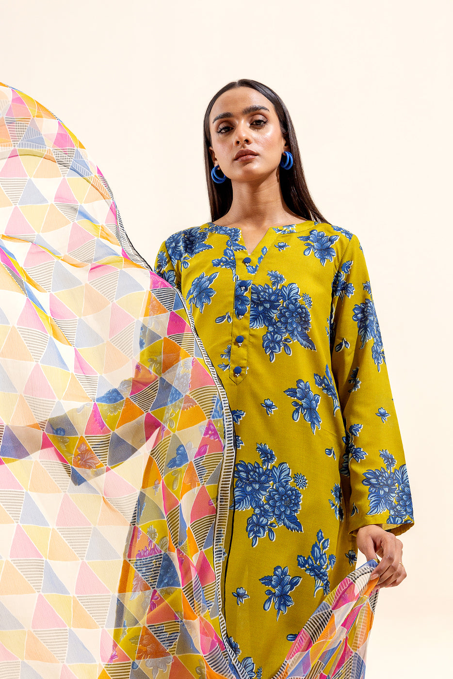 3 PIECE PRINTED LAWN SUIT-LIME AZURE (UNSTITCHED) - BEECHTREE